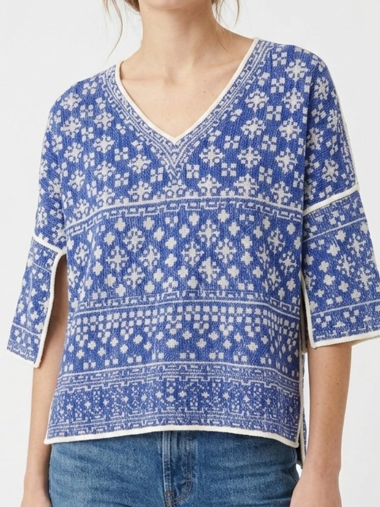 Isabel Marant Etoile Blue White Jacquard Cotton Dolman Top Size S Small